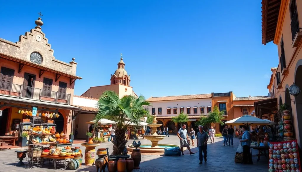 Sunny day in Raquira Colombia's main square with pottery displays Sunny day in Raquira Colombia's main square with pottery displays