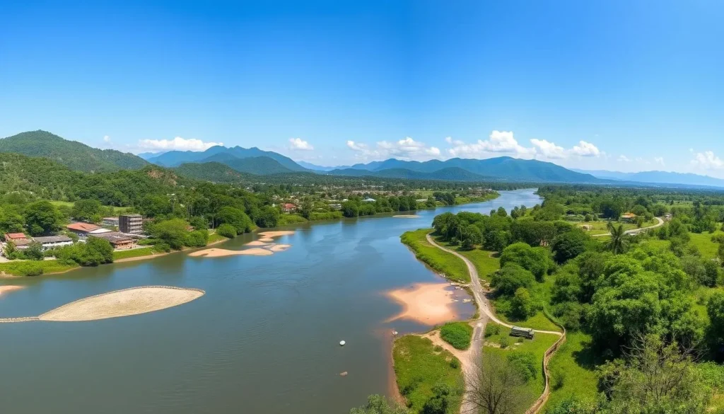 Sunny day in Rurrenabaque during dry season with clear blue skies and lush vegetation