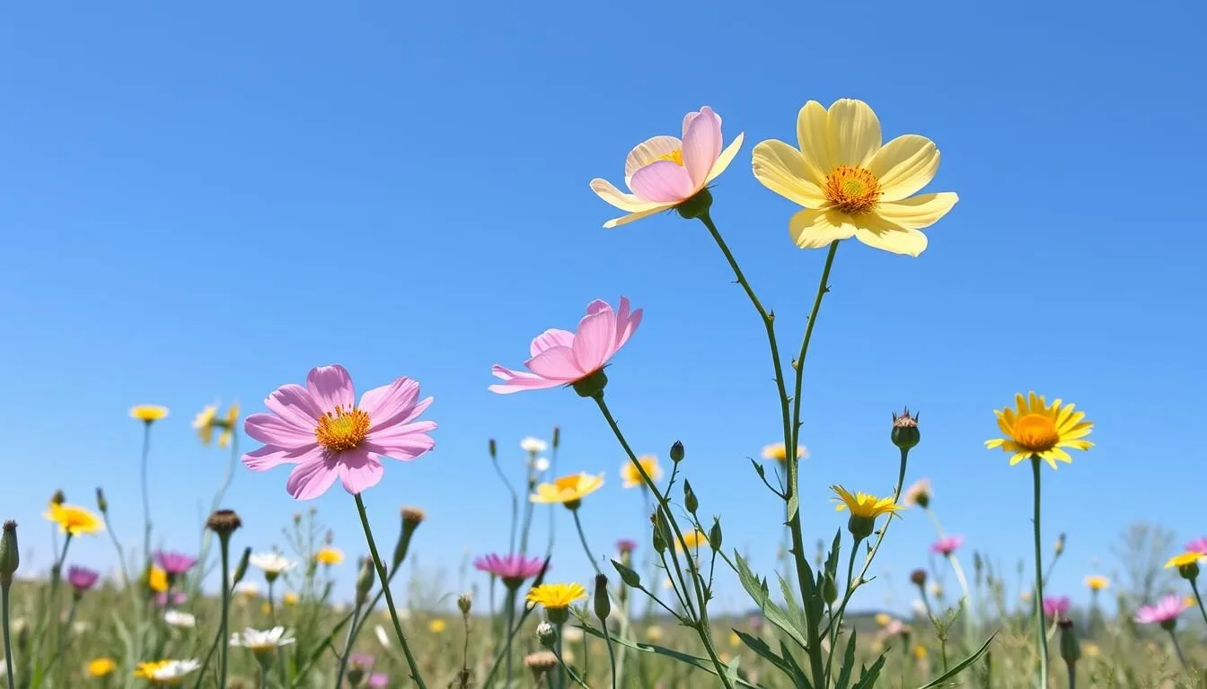 Sunny day in San Juan, Texas with blooming wildflowers and clear blue skies