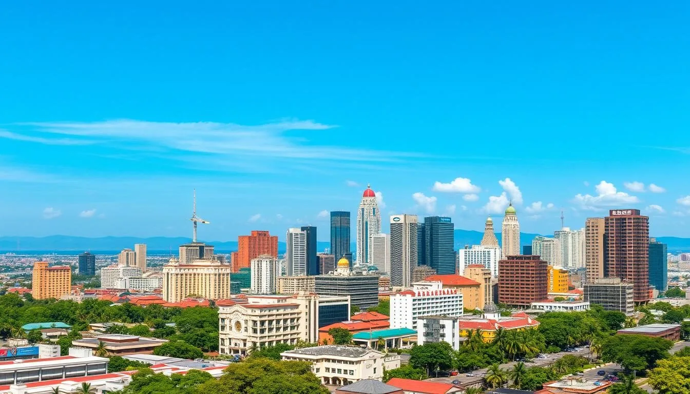 Sunny day in Surabaya with clear blue skies over the city skyline during dry season