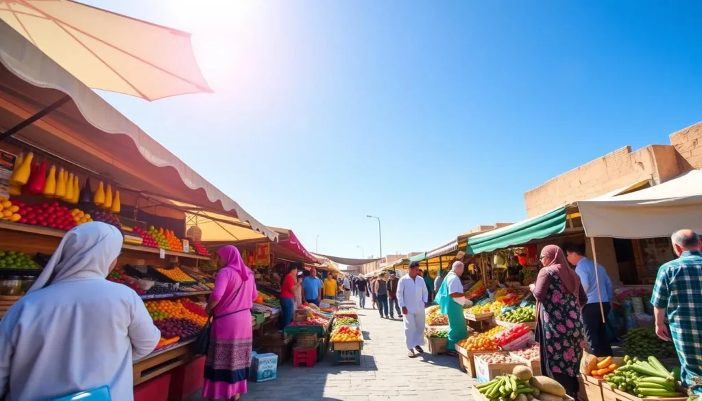 Sunny market day in Oulad Teima with vendors selling fresh produce