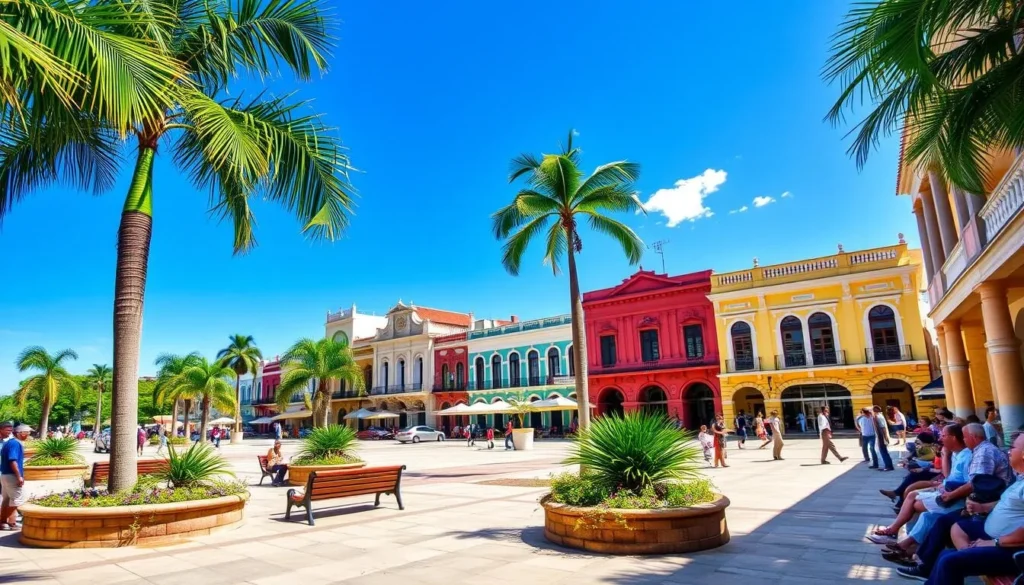 Sunny plaza in Bauta, Cuba with locals enjoying the pleasant weather