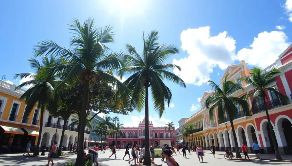 Sunny plaza in Caguas, Puerto Rico with palm trees and people enjoying outdoor activities