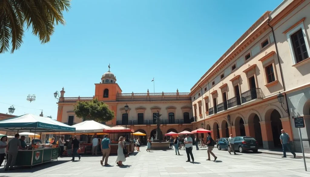 Sunny plaza in Ciudad Nezahualcoyotl with locals enjoying good weather