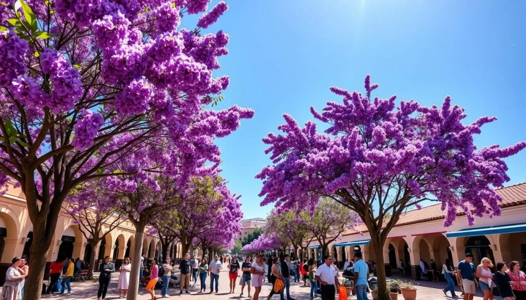 Sunny plaza in Tlalnepantla de Baz during spring with flowering jacaranda trees and people enjoying outdoor activities Sunny plaza in Tlalnepantla de Baz during spring with flowering jacaranda trees and people enjoying outdoor activities