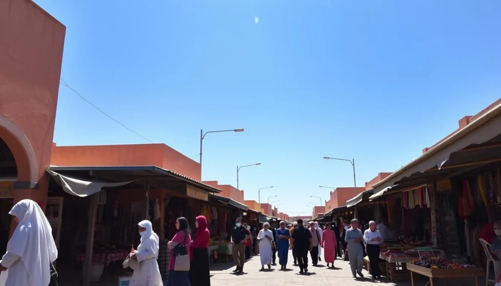 Sunny street scene in Inezgane Morocco with locals shopping at outdoor markets Sunny street scene in Inezgane Morocco with locals shopping at outdoor markets