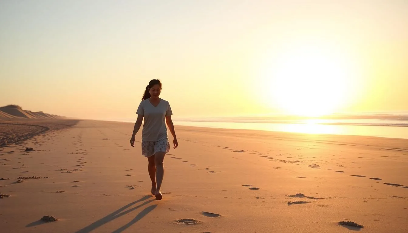 Sunrise at Mandalay State Beach with an Asian couple walking along the empty shoreline with Channel Islands visible in the distance