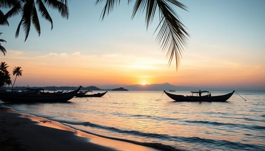 Sunrise at Sanur Beach in Denpasar with traditional fishing boats