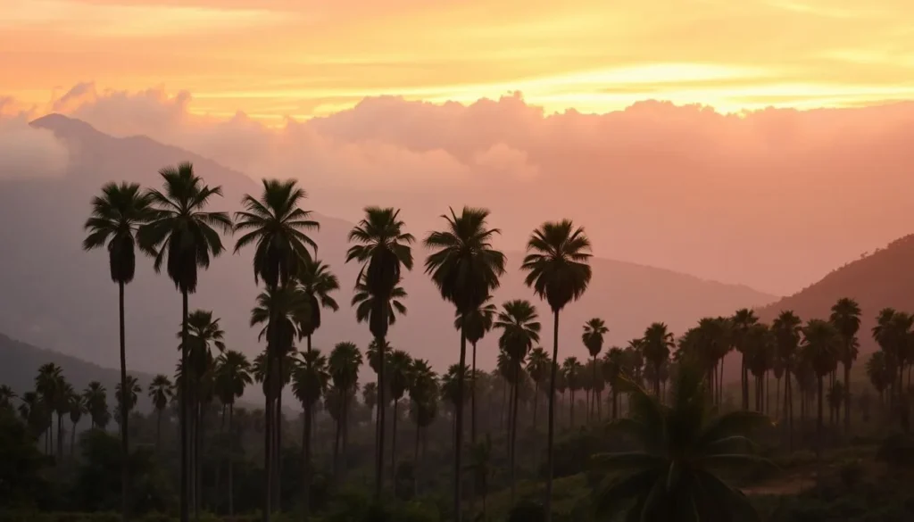 Sunrise in Cocora Valley with golden light illuminating the wax palms against misty mountains Sunrise in Cocora Valley with golden light illuminating the wax palms against misty mountains