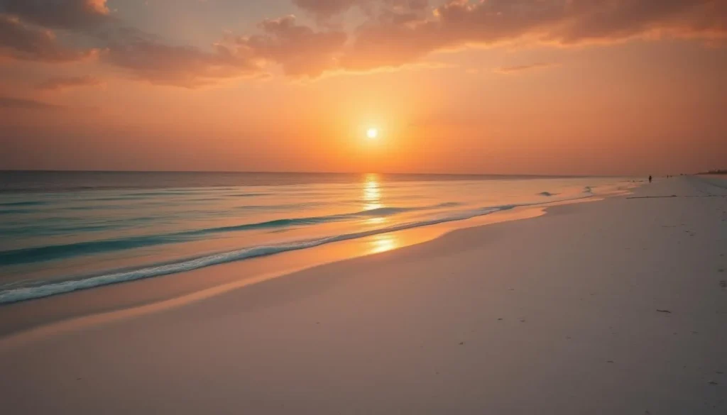Sunrise over Fuwairit Beach with golden light reflecting on the calm waters