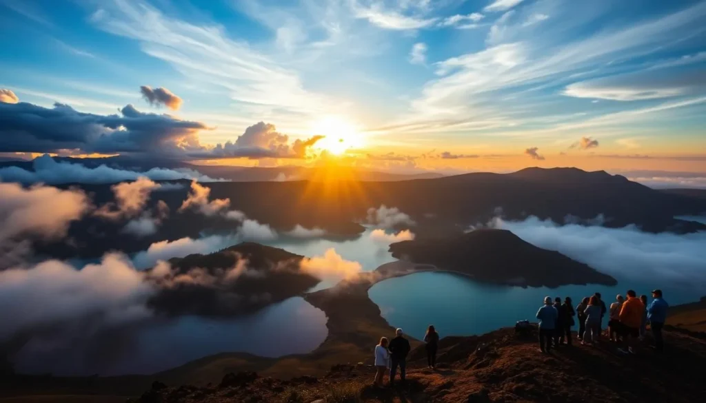 Sunrise over Kelimutu crater lakes with mist rising from the colorful waters and golden light illuminating the landscape