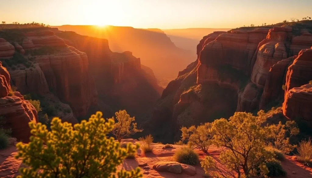 Sunrise over Kings Canyon with golden light illuminating the red rock walls in Watarrka National Park