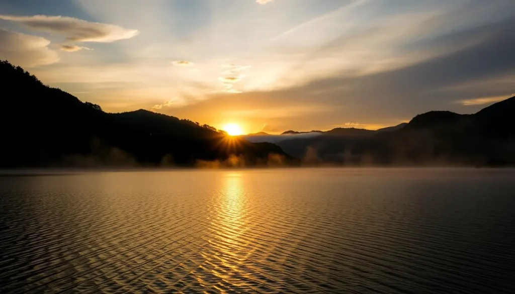 Sunrise over Lake Ranu Kumbolo with mist rising from the water surface in East Java, Indonesia