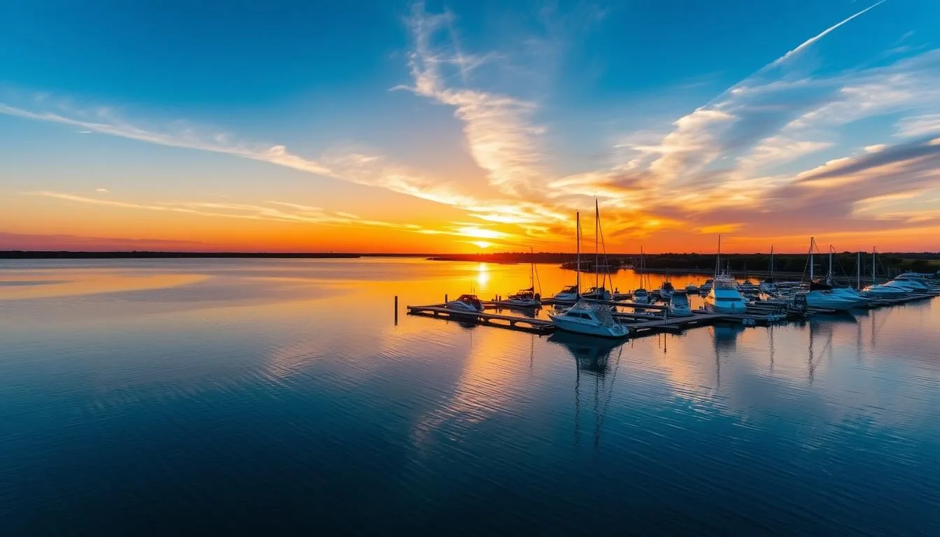 Sunrise over Lake Ray Hubbard in Rowlett, Texas with boats docked at the marina