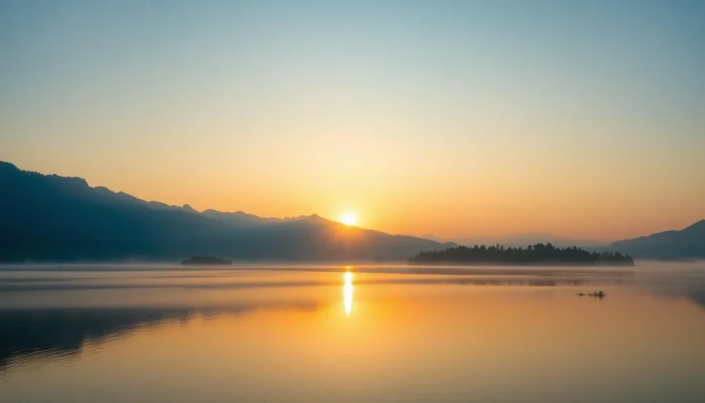 Sunrise over Lake Singkarak with morning mist rising from the water Sunrise over Lake Singkarak with morning mist rising from the water