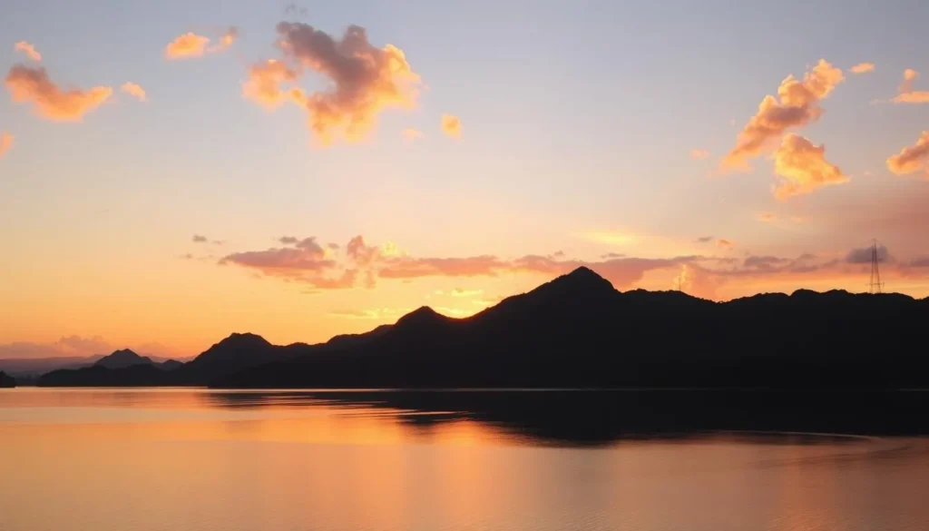 Sunrise over Lake Towuti with golden light reflecting on calm waters Sunrise over Lake Towuti with golden light reflecting on calm waters