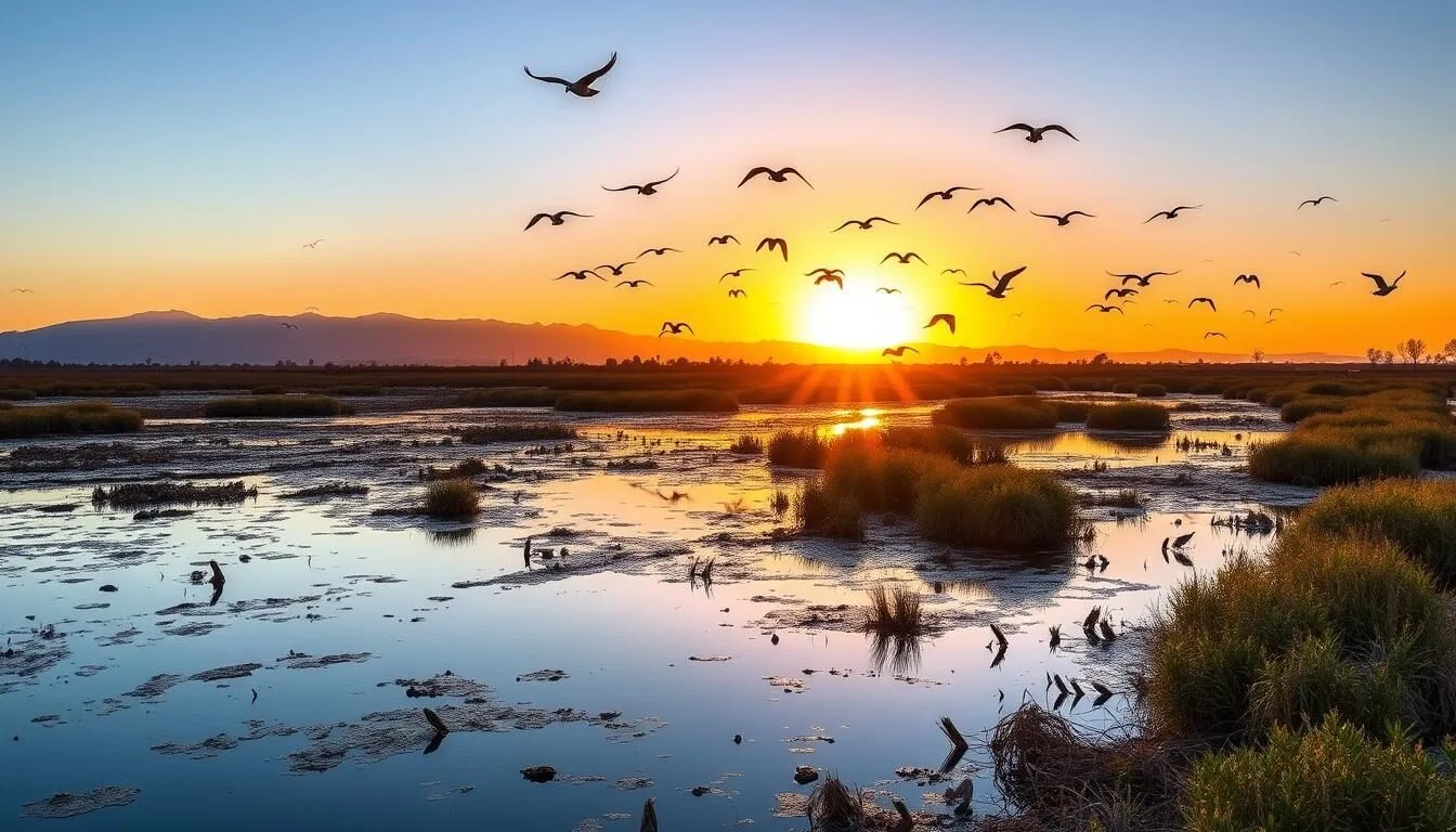 Sunrise over Malibu Lagoon State Beach with birds flying over the wetlands and mountains in the background