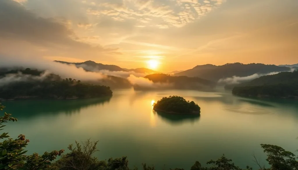 Sunrise over Nong Fa Lake with mist rising from the emerald waters