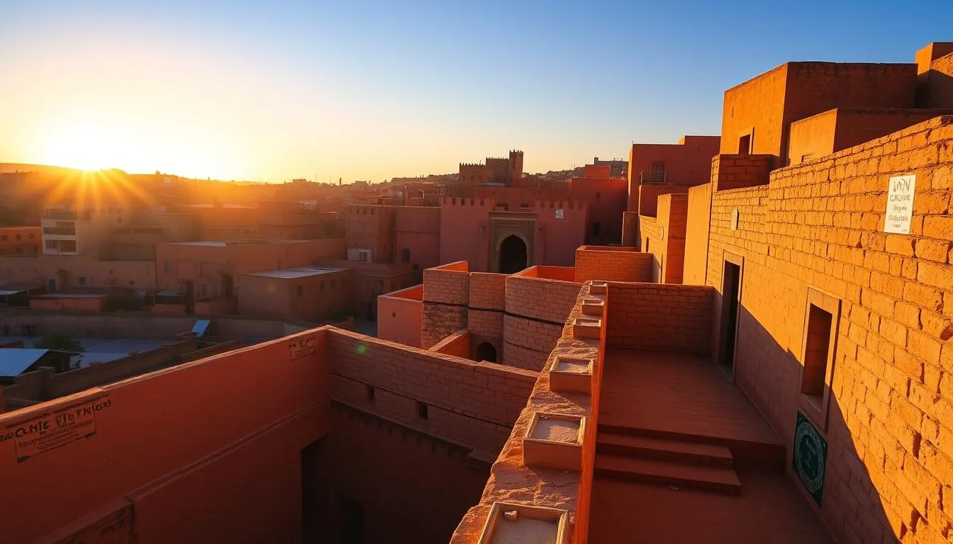 Sunrise-over-Oujdas-ancient-medina-walls-with-golden-light-illuminating-the-historic Sunrise over Oujda's ancient medina walls with golden light illuminating the historic architecture