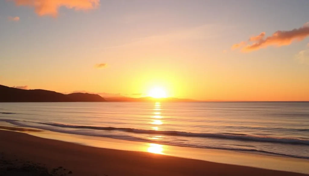Sunrise over Wainui Beach in Gisborne with golden light reflecting on the ocean