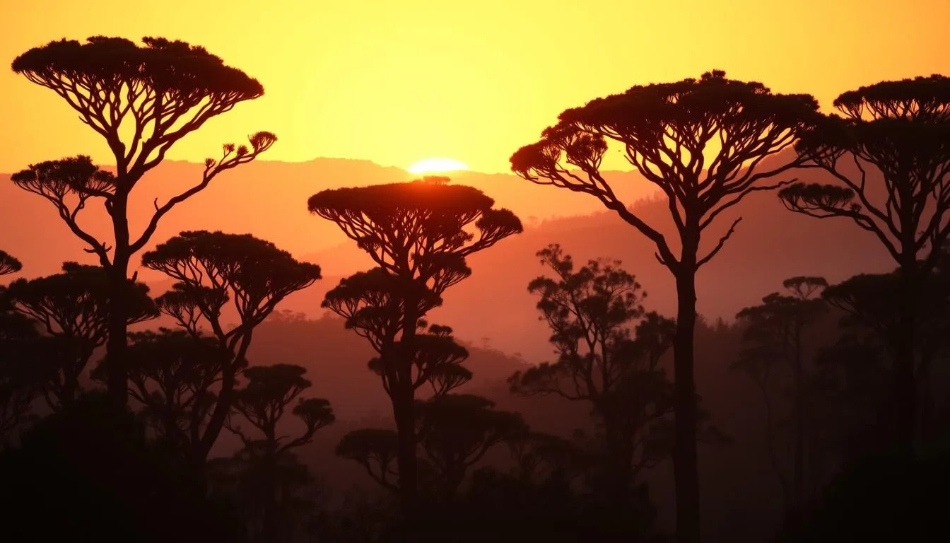 Sunrise over ancient bunya pines in Bunya Mountains National Park, Queensland