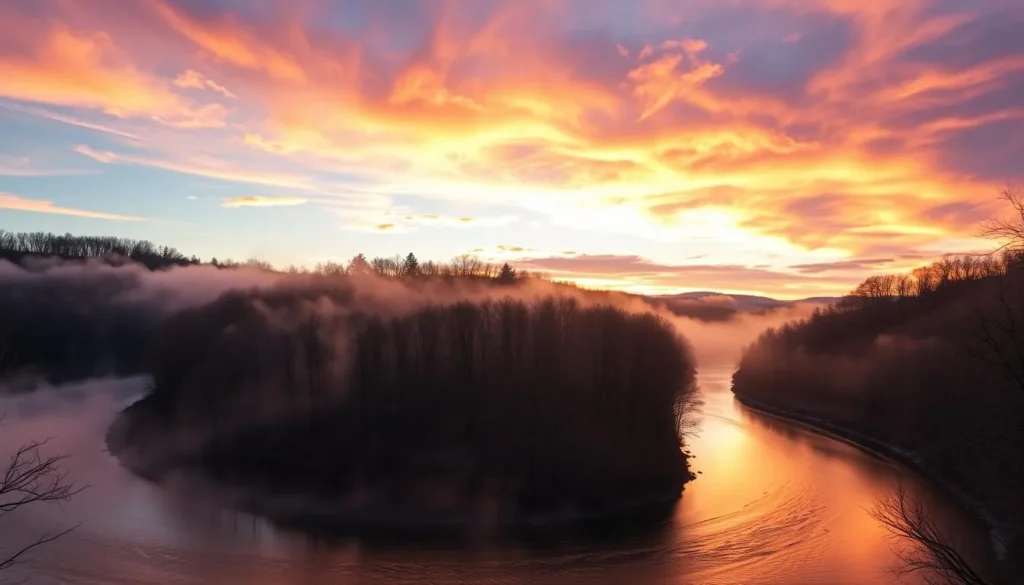 Sunrise over the Caney Fork River Gorge at Rock Island State Park with fog rising from the water Sunrise over the Caney Fork River Gorge at Rock Island State Park with fog rising from the water