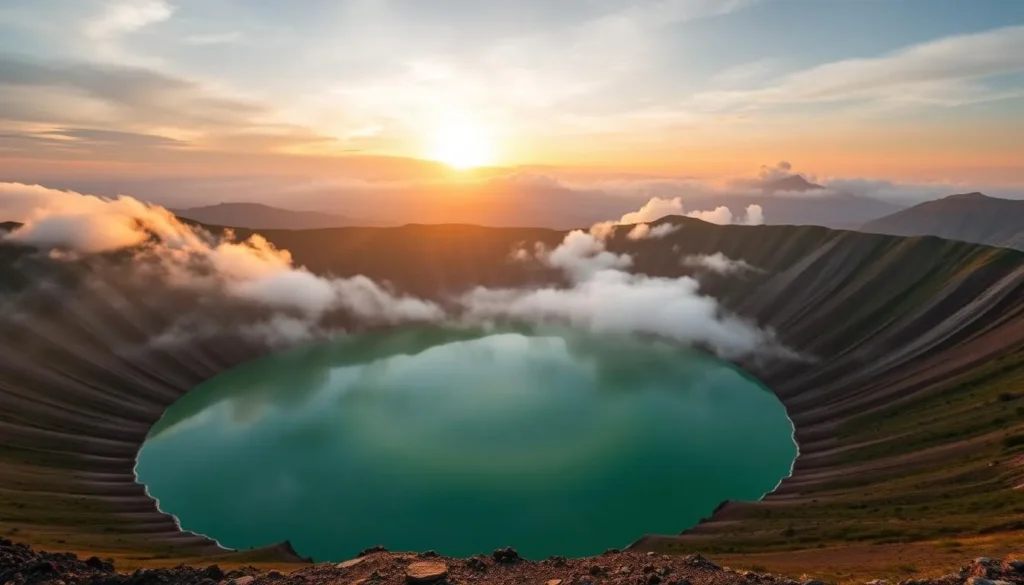 Sunrise over the colorful Kelimutu crater lakes with mist rising from the surface Sunrise over the colorful Kelimutu crater lakes with mist rising from the surface