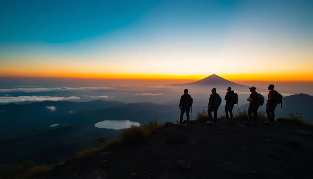 Sunrise trek on Mount Batur with view of Lake Batur, a spiritual activity during Bali Island festivals Indonesia Sunrise trek on Mount Batur with view of Lake Batur, a spiritual activity during Bali Island festivals Indonesia
