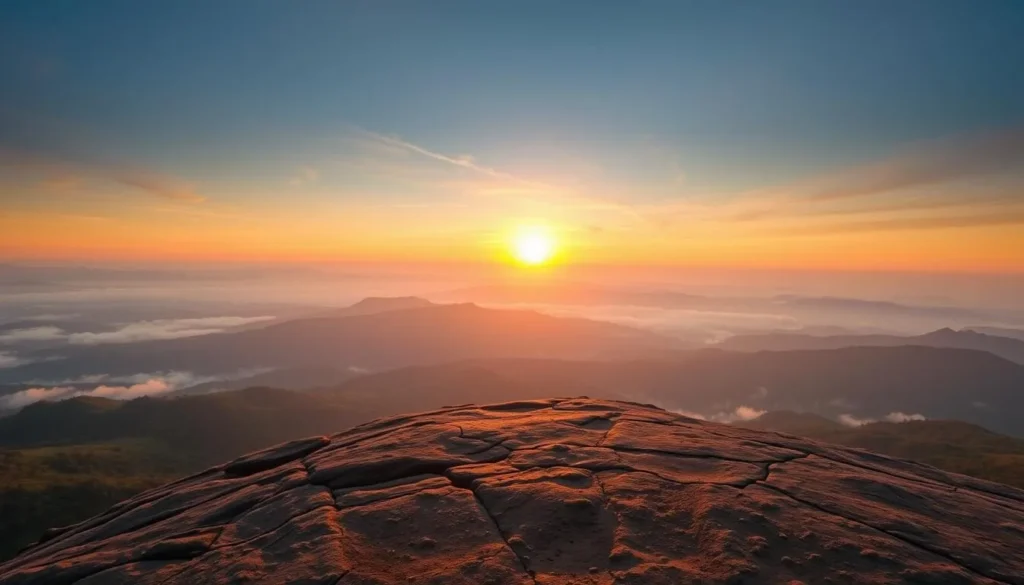 Sunrise view from Bible Rock summit with golden light illuminating the landscape