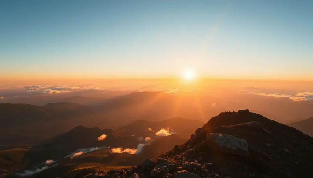Sunrise view from Mount Kerinci summit with clear skies and valley views