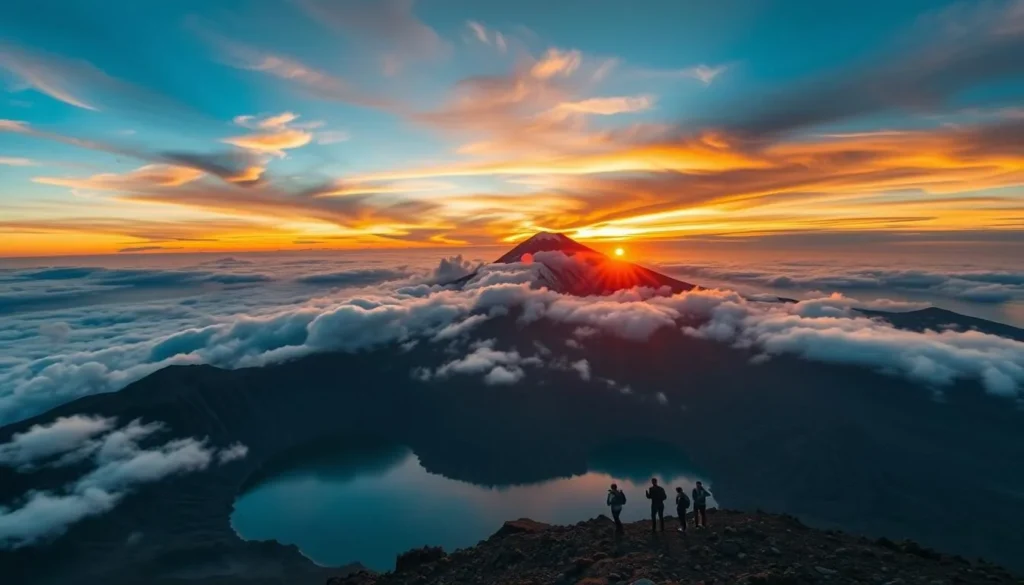 Sunrise view from Mount Rinjani summit with golden light illuminating the crater and surrounding landscape Sunrise view from Mount Rinjani summit with golden light illuminating the crater and surrounding landscape