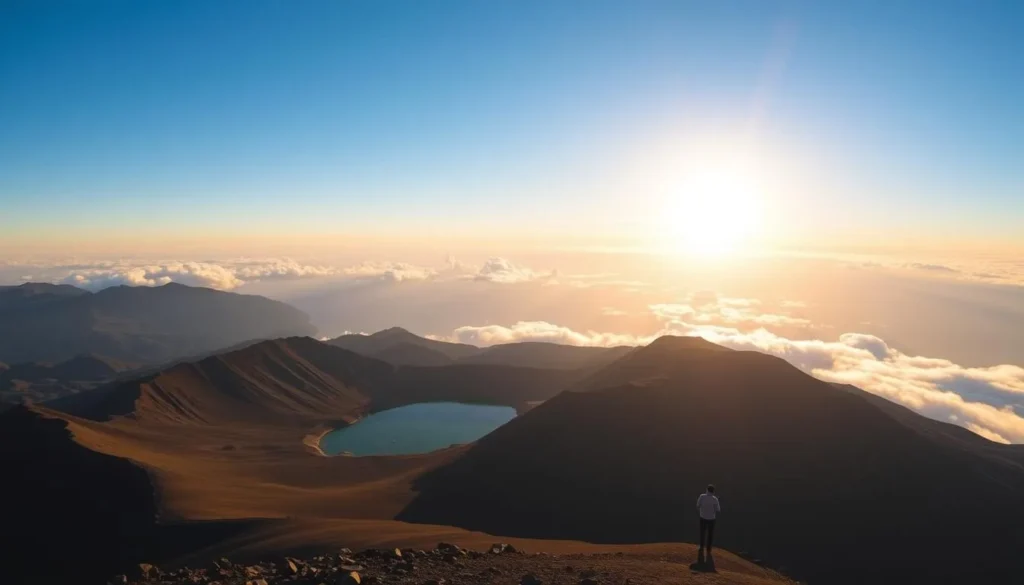 Sunrise view from Mount Rinjani summit with golden light illuminating the crater lake