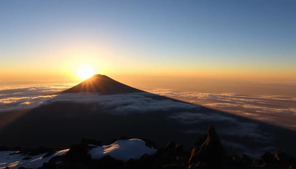 Sunrise view from Pico de Orizaba showing the volcano's shadow cast over clouds and landscape below