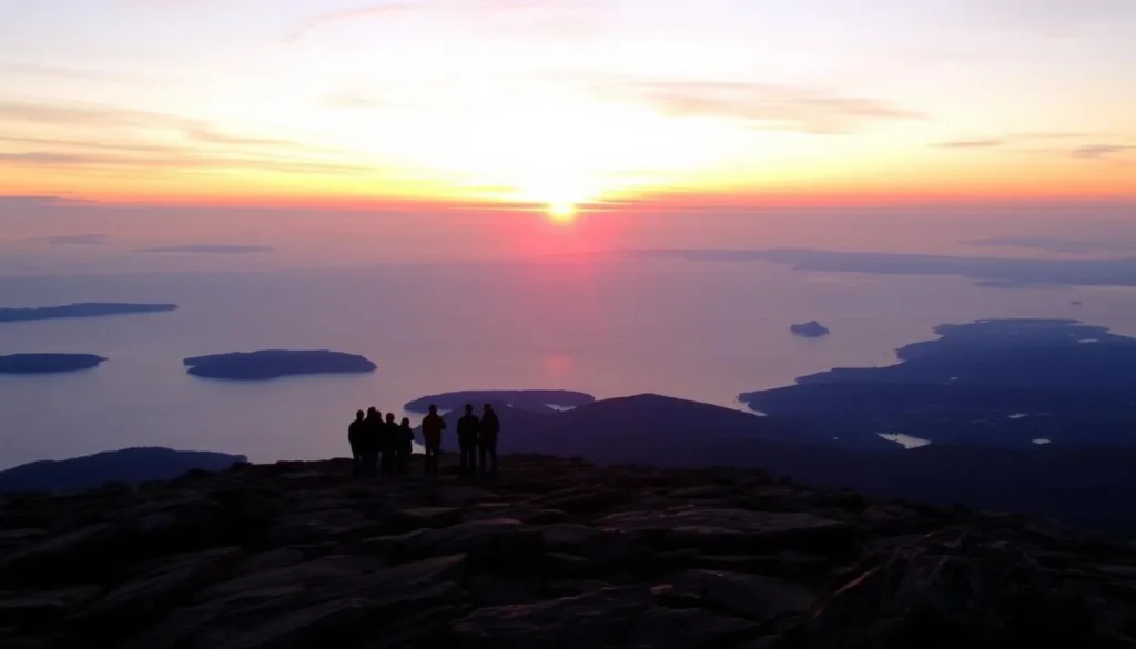 Sunrise view from the summit of Cadillac Mountain in Acadia National Park on Mount Desert Island
