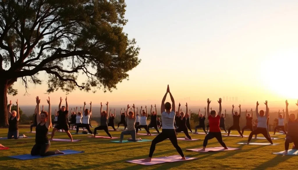 Sunrise yoga session at Kenneth Hahn State Recreation Area with Los Angeles in background