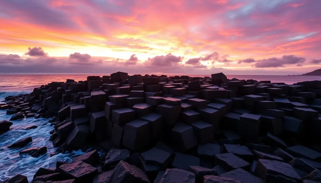 Sunset at Giant's Causeway with dramatic sky and illuminated basalt columns