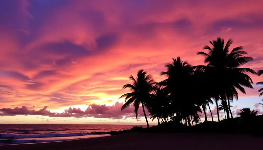 Sunset at Grays Bay in Bowen with palm trees silhouetted against colorful sky
