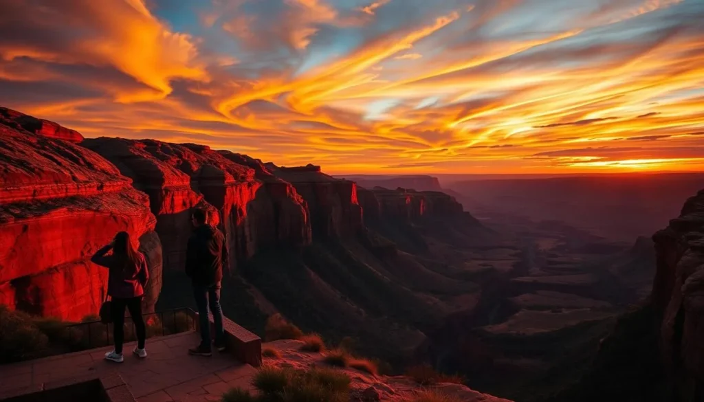 Sunset at Kings Canyon viewing platform with the canyon walls glowing red in the evening light