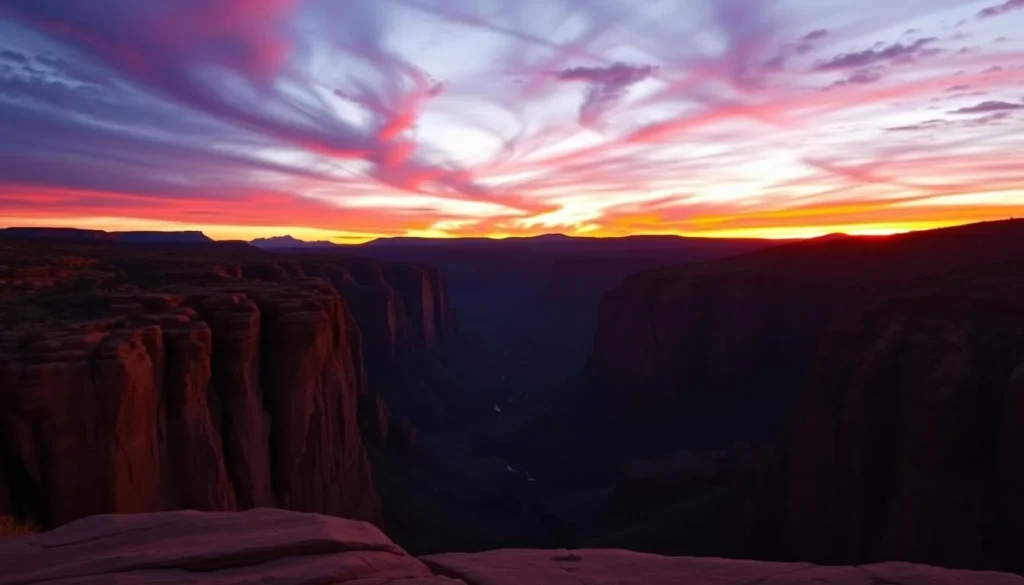 Sunset at Kings Canyon with dramatic colors illuminating the red rock walls of Watarrka National Park