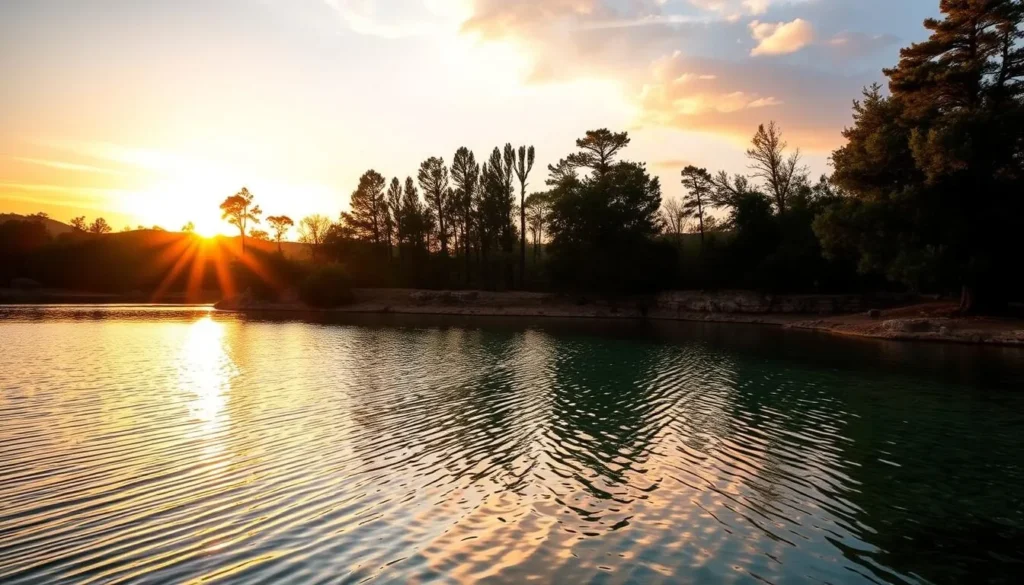 Sunset at Lago de Camecuaro National Park with golden light on the water