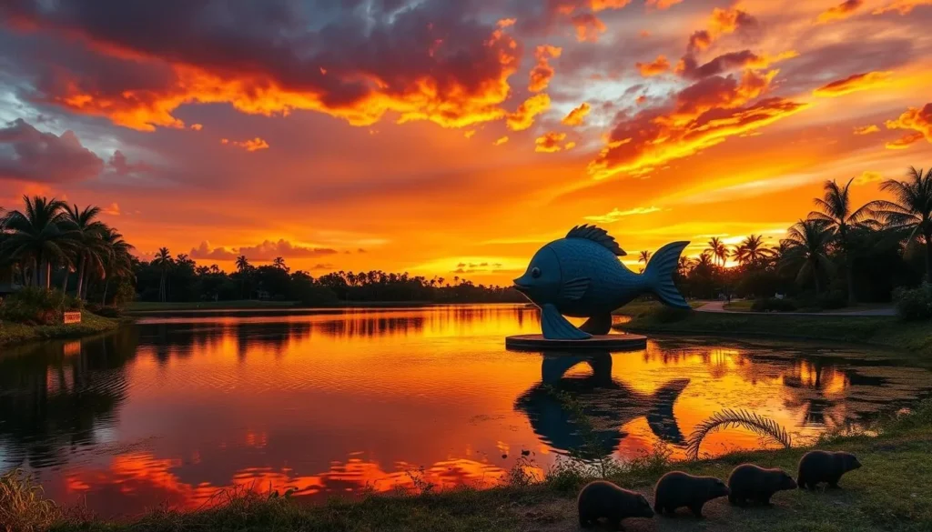 Sunset at Lago do Amor (Lake of Love) in Campo Grande with the fish sculpture visible Sunset at Lago do Amor (Lake of Love) in Campo Grande with the fish sculpture visible