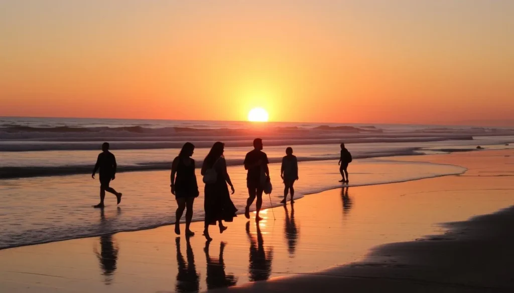 Sunset at Manresa State Beach with golden light reflecting on wet sand and waves