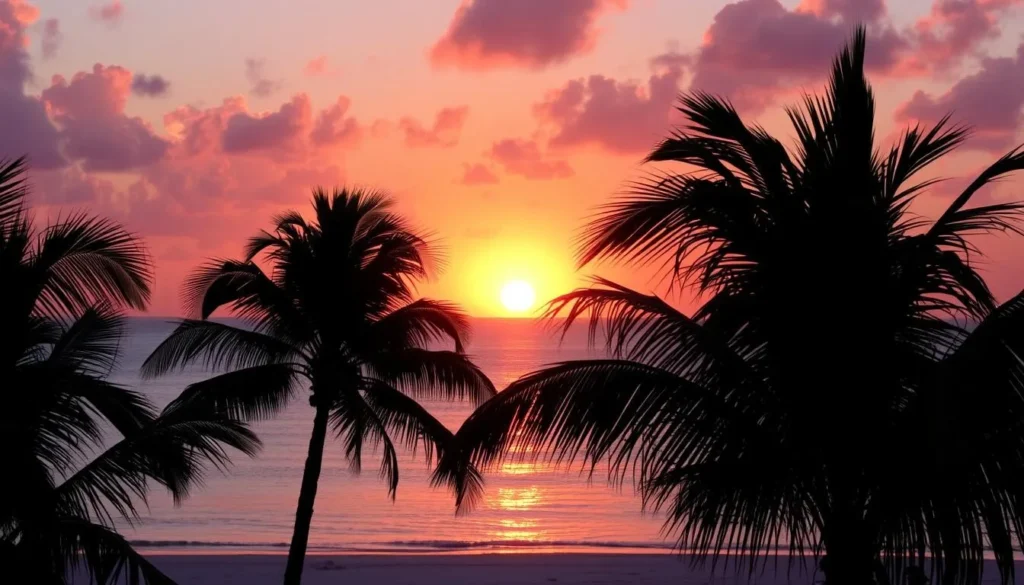 Sunset at Palmetto Point Antigua and Barbuda with silhouettes of palm trees