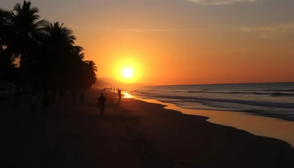 Sunset at Praia de São Marcos beach in Sao Luis Brazil with palm trees and beachgoers