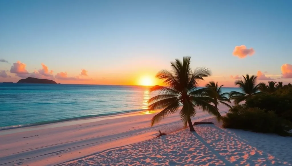 Sunset at Rendezvous Bay, Anguilla with golden light reflecting on calm waters