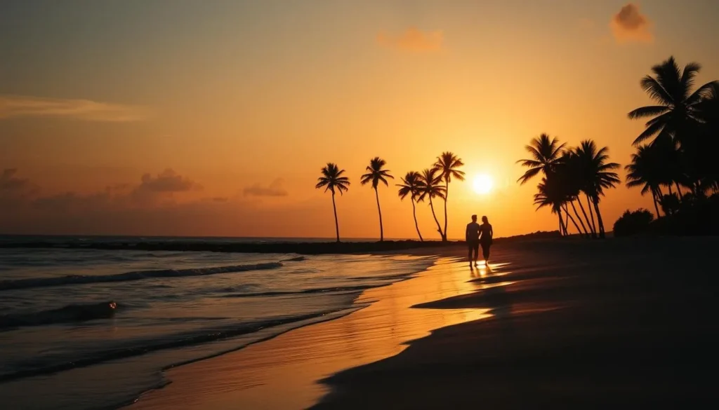Sunset beach scene in Hell-Ville (Nosy Be), Madagascar with couple walking along shore