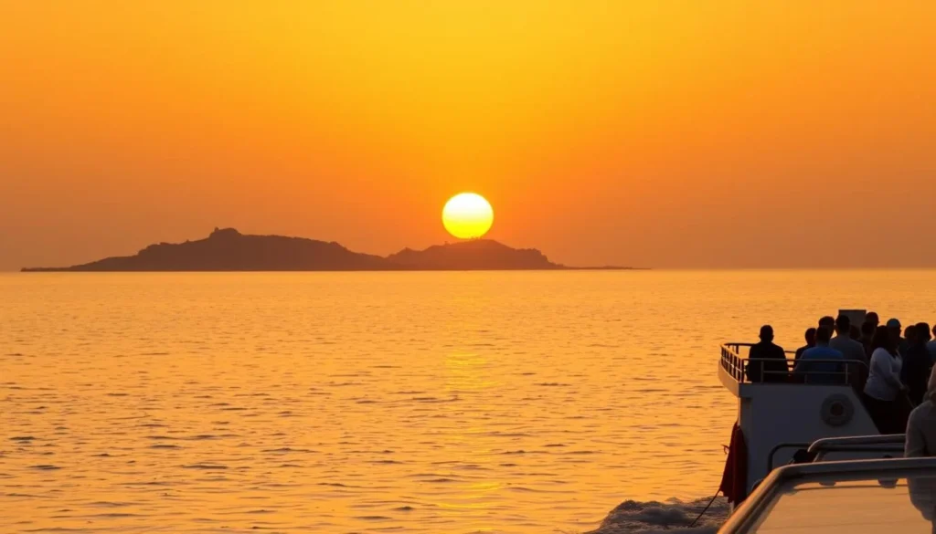 Sunset boat tour near Al Nawras Island with tourists enjoying the evening cruise