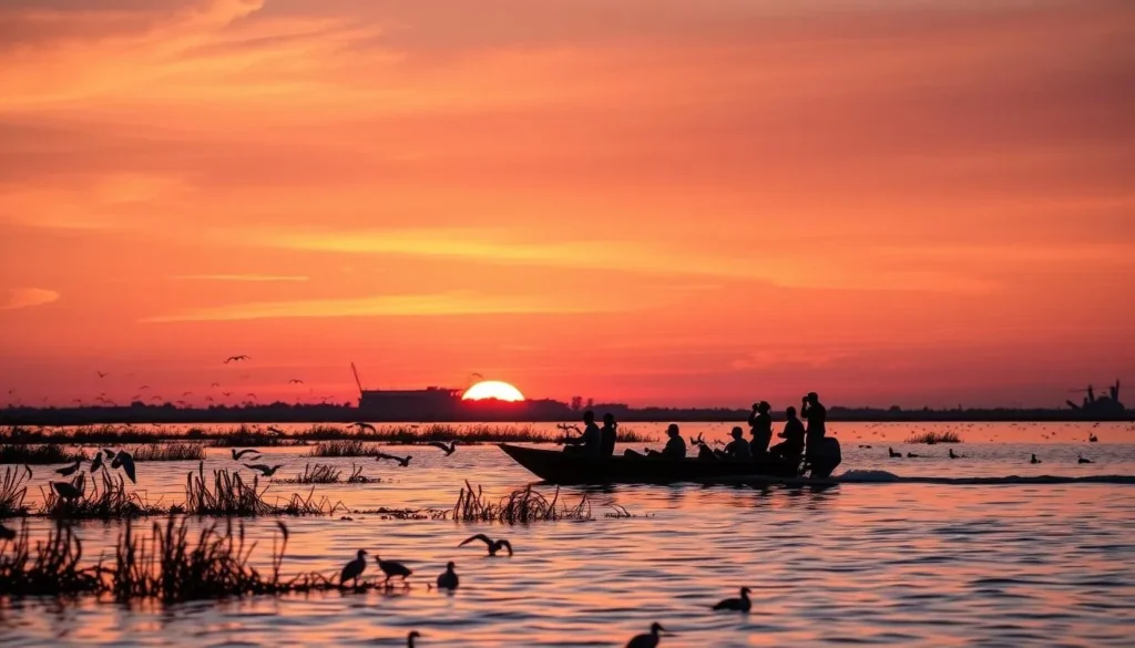Sunset boat tour on Laguna Iberá with silhouettes of birds and vegetation