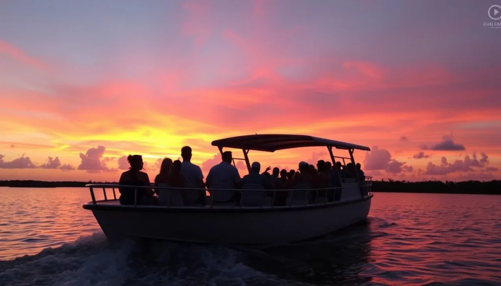 Sunset boat tour returning to dock at Biscayne National Park, Florida with silhouettes of passengers Sunset boat tour returning to dock at Biscayne National Park, Florida with silhouettes of passengers