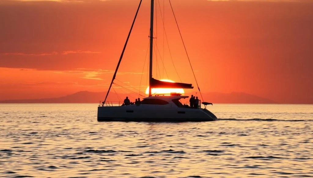 Sunset catamaran sailing off the coast of Yeppoon with golden light on the water Sunset catamaran sailing off the coast of Yeppoon with golden light on the water